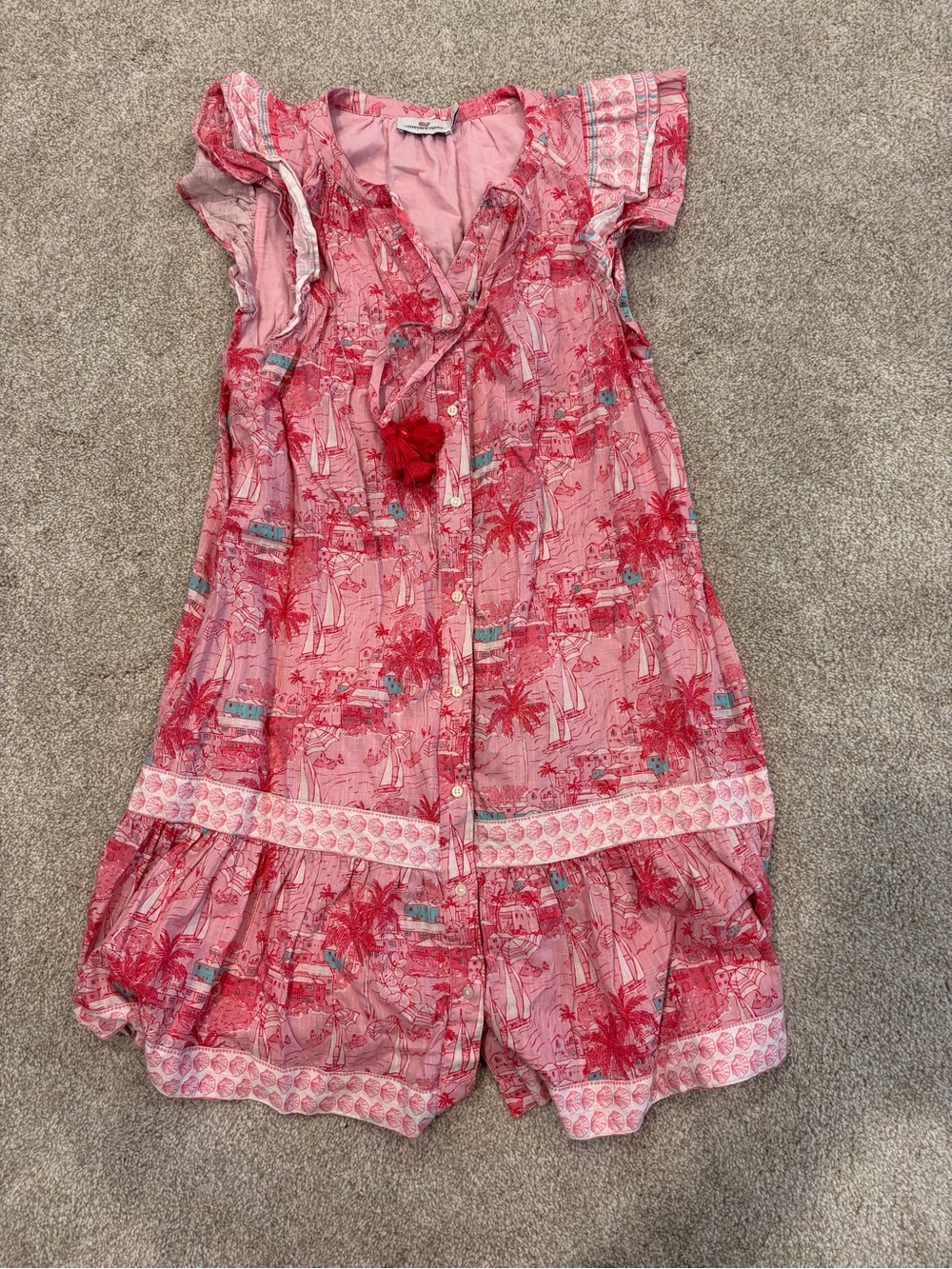 Vineyard Vines Dress Womens S Multi Toile Print Flutter Sleeve Tassel Tie Front.